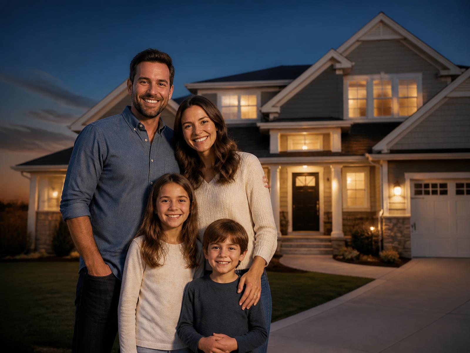 Family standing in front of their home at dusk